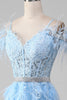 Load image into Gallery viewer, Light Blue A-Line Rhinestones Accents Corset Formal Dress With Appliques
