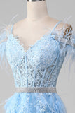 Light Blue A-Line Rhinestones Accents Corset Formal Dress With Appliques