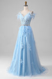 Light Blue A-Line Rhinestones Accents Corset Formal Dress With Appliques