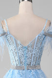 Light Blue A-Line Rhinestones Accents Corset Formal Dress With Appliques