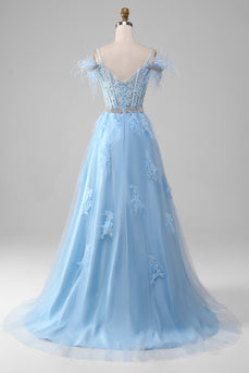 Light Blue A-Line Rhinestones Accents Corset Formal Dress With Appliques