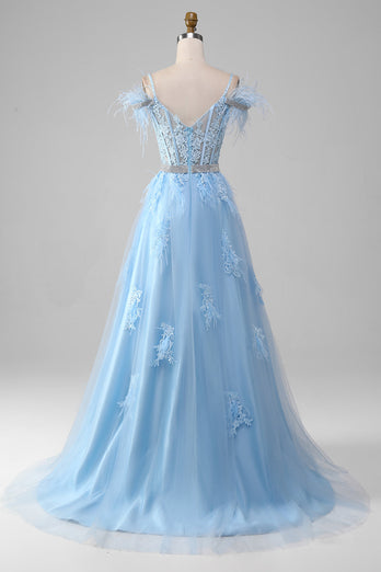 Light Blue A-Line Rhinestones Accents Corset Formal Dress With Appliques
