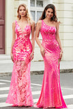 Stunning Mermaid One Shoulder Fuchsia Sequins Long Formal Dress with Slit