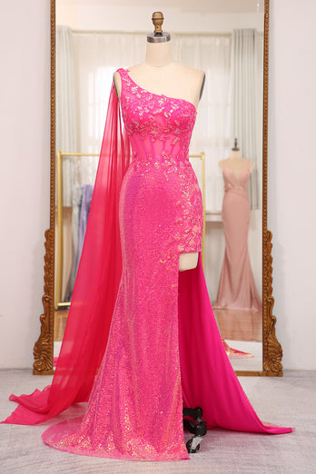 Stunning Mermaid One Shoulder Fuchsia Sequins Long Formal Dress with Slit