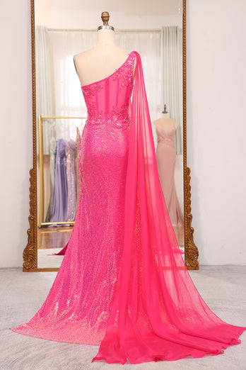 Stunning Mermaid One Shoulder Fuchsia Sequins Long Formal Dress with Slit