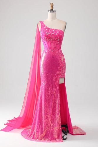 Sparkly Fuchsia Mermaid One Shoulder Appliques Formal Dress With Slit