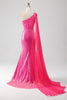 Load image into Gallery viewer, Sparkly Fuchsia Mermaid One Shoulder Appliques Formal Dress With Slit