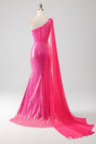 Sparkly Fuchsia Mermaid One Shoulder Appliques Formal Dress With Slit