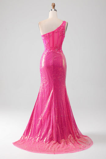 Sparkly Fuchsia Mermaid One Shoulder Appliques Formal Dress With Slit