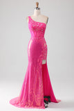 Sparkly Fuchsia Mermaid One Shoulder Appliques Formal Dress With Slit