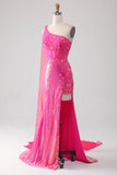 Sparkly Fuchsia Mermaid One Shoulder Appliques Formal Dress With Slit