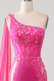 Sparkly Fuchsia Mermaid One Shoulder Appliques Formal Dress With Slit