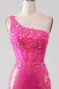 Load image into Gallery viewer, Sparkly Fuchsia Mermaid One Shoulder Appliques Formal Dress With Slit