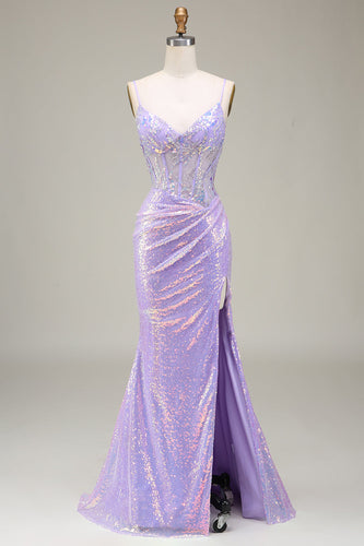 Sparkly Mermaid Light Purple Corset Formal Dress with Slit