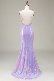 Sparkly Mermaid Light Purple Corset Formal Dress with Slit