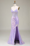 Sparkly Mermaid Light Purple Corset Formal Dress with Slit