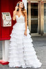 Load image into Gallery viewer, White A-Line Sparkly Sequin Ruffle Skirt Corset Tiered Formal Dress With Slit