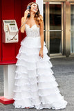 White A-Line Sparkly Sequin Ruffle Skirt Corset Tiered Formal Dress With Slit