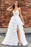 White A-Line Sparkly Sequin Ruffle Skirt Corset Tiered Formal Dress With Slit