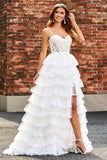 White A-Line Sparkly Sequin Ruffle Skirt Corset Tiered Formal Dress With Slit