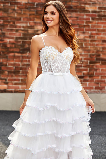 White A-Line Sparkly Sequin Ruffle Skirt Corset Tiered Formal Dress With Slit