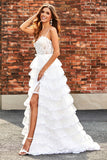 White A-Line Sparkly Sequin Ruffle Skirt Corset Tiered Formal Dress With Slit