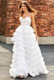 White A-Line Sparkly Sequin Ruffle Skirt Corset Tiered Formal Dress With Slit