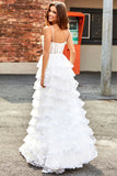 White A-Line Sparkly Sequin Ruffle Skirt Corset Tiered Formal Dress With Slit