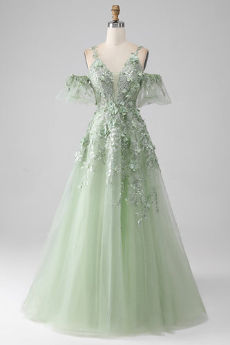 Sage A-Line Detachable Sleeves Long Corset Formal Dress with Flowers