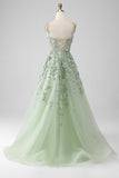 Sage A-Line Detachable Sleeves Long Corset Formal Dress with Flowers