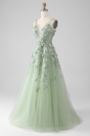 Sage A-Line Detachable Sleeves Long Corset Formal Dress with Flowers