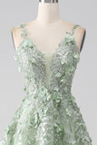 Sage A-Line Detachable Sleeves Long Corset Formal Dress with Flowers