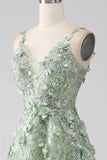 Sage A-Line Detachable Sleeves Long Corset Formal Dress with Flowers