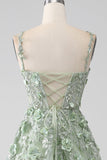 Sage A-Line Detachable Sleeves Long Corset Formal Dress with Flowers