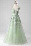 Sage A-Line Detachable Sleeves Long Corset Formal Dress with Flowers