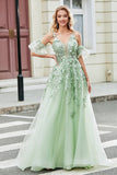 Green Removable Sleeves Tulle Formal Dress with Appliques