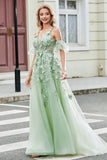 Green Removable Sleeves Tulle Formal Dress with Appliques