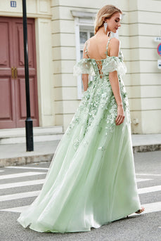 Green Removable Sleeves Tulle Formal Dress with Appliques