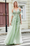 Green Removable Sleeves Tulle Formal Dress with Appliques