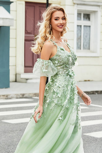 Green Removable Sleeves Tulle Formal Dress with Appliques