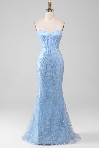Light Blue Mermaid Sparkly Sequin Long Corset Formal Dress