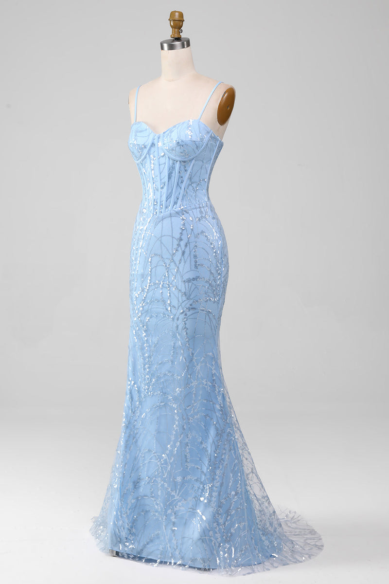 Load image into Gallery viewer, Light Blue Mermaid Sparkly Sequin Long Corset Formal Dress