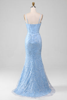 Light Blue Mermaid Sparkly Sequin Long Corset Formal Dress