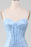 Light Blue Mermaid Sparkly Sequin Long Corset Formal Dress