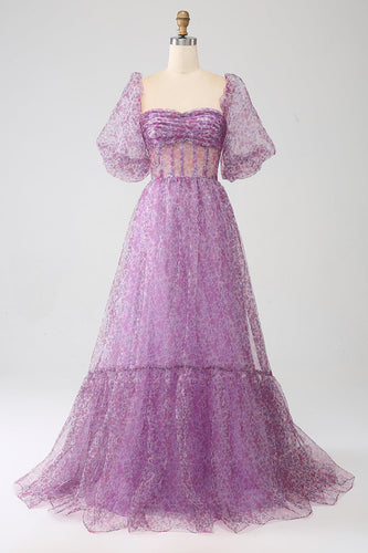 A-Line Square Neck Purple Corset Formal Dress with Half Sleeves