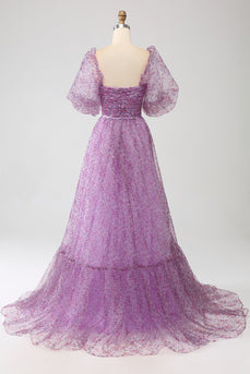 A-Line Square Neck Purple Corset Formal Dress with Half Sleeves