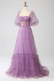 A-Line Square Neck Purple Corset Formal Dress with Half Sleeves