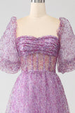 A-Line Square Neck Purple Corset Formal Dress with Half Sleeves