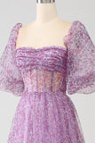 A-Line Square Neck Purple Corset Formal Dress with Half Sleeves