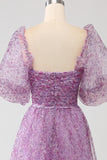 A-Line Square Neck Purple Corset Formal Dress with Half Sleeves